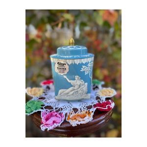 Vintage Riley’s Variety Toffee Lidded Tin Canister Blue White Greek Judgement of